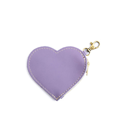 Lavender | Heart-shaped leather pouch keychain with zipper top and lobster clasp