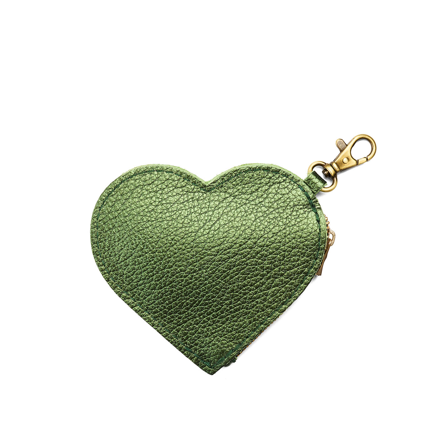 Metallic Greench | Heart-shaped leather pouch keychain with zipper top and lobster clasp