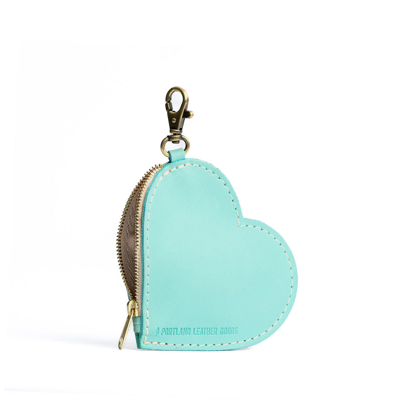 Mint | Heart-shaped leather pouch keychain with zipper top and lobster clasp