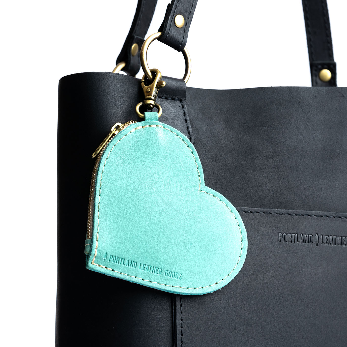 Mint | Heart-shaped leather pouch keychain with zipper top and lobster clasp