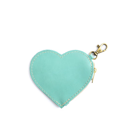 Mint | Heart-shaped leather pouch keychain with zipper top and lobster clasp