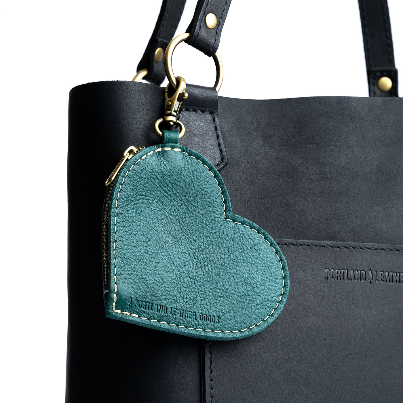 Peacock | Heart-shaped leather pouch keychain with zipper top and lobster clasp