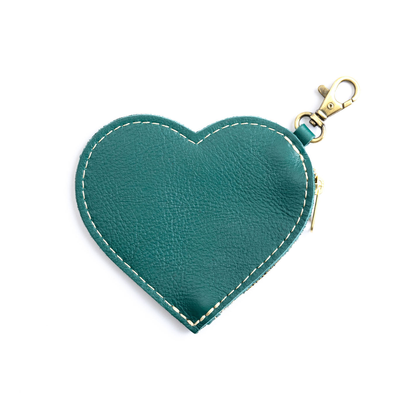 Peacock | Heart-shaped leather pouch keychain with zipper top and lobster clasp