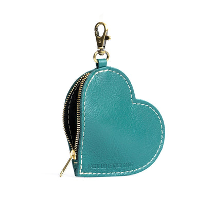 Peacock | Heart-shaped leather pouch keychain with zipper top and lobster clasp