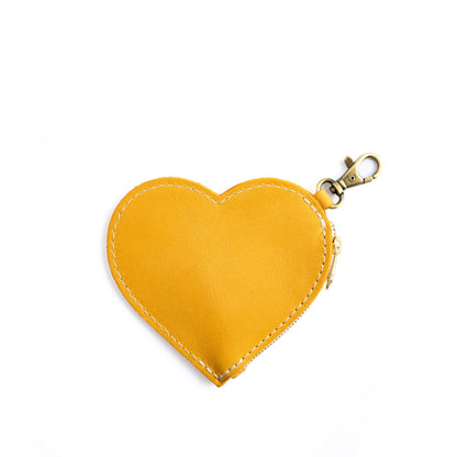 Sunflower | Heart-shaped leather pouch keychain with zipper top and lobster clasp