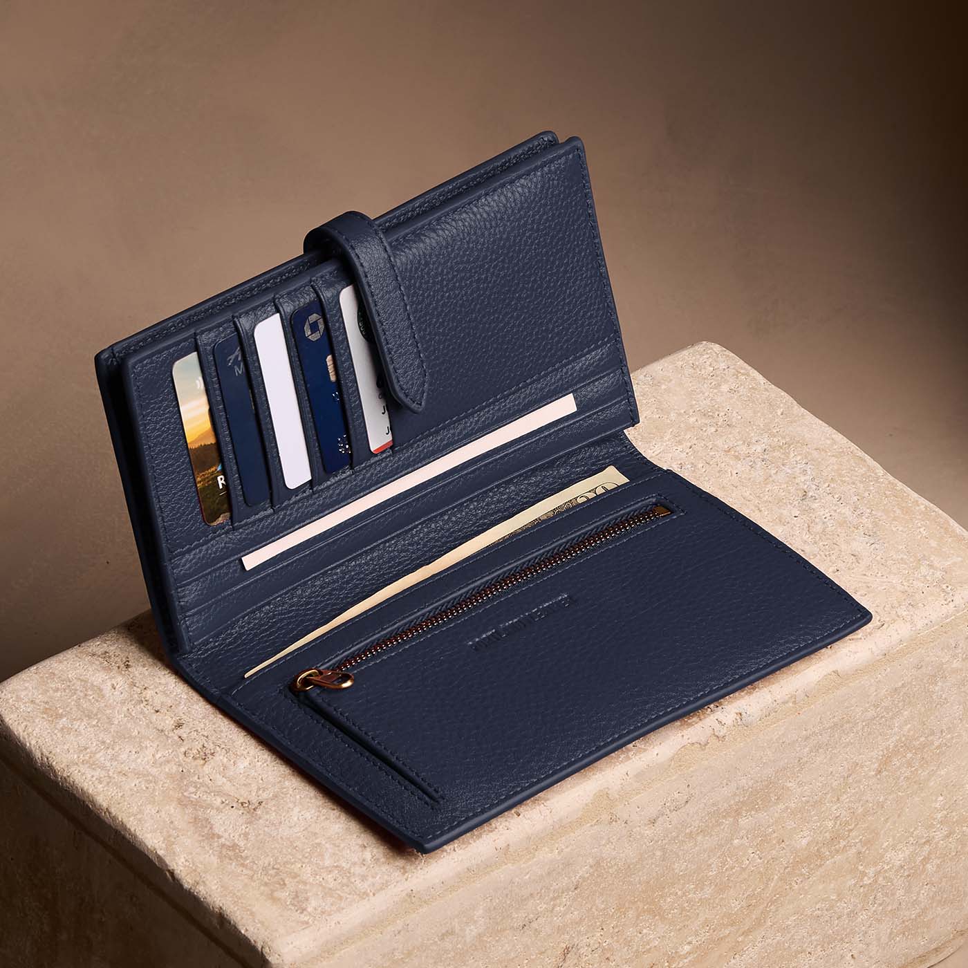 Anchor Blue*Extra Large | Leather bifold wallet with a strap and bar closure