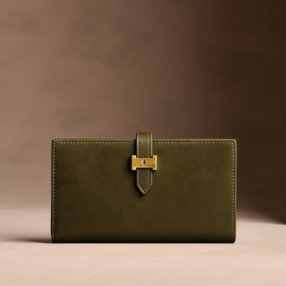 Bay Green*Extra Large | Leather bifold wallet with a strap and bar closure