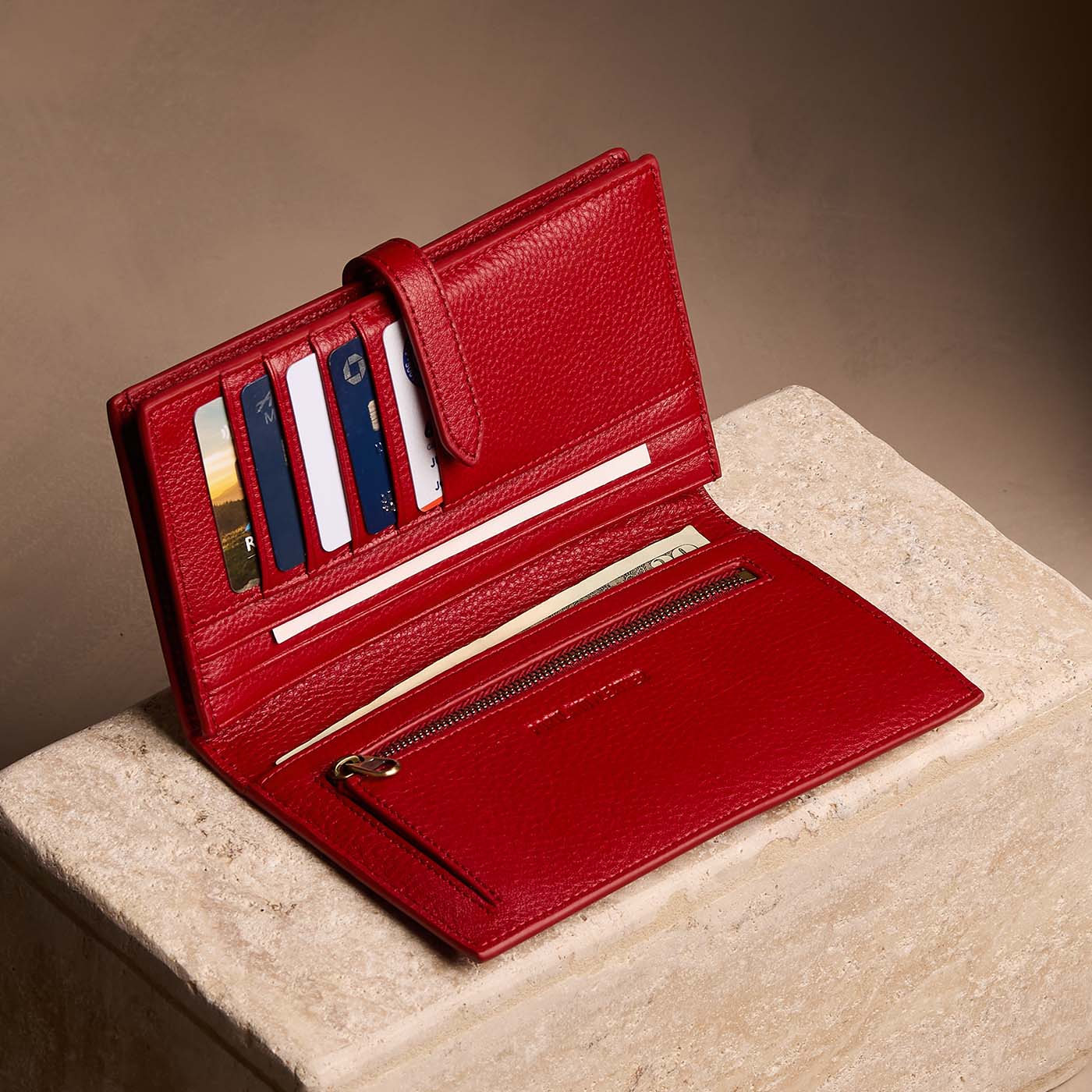 Icon Red*Extra Large | Leather bifold wallet with a strap and bar closure