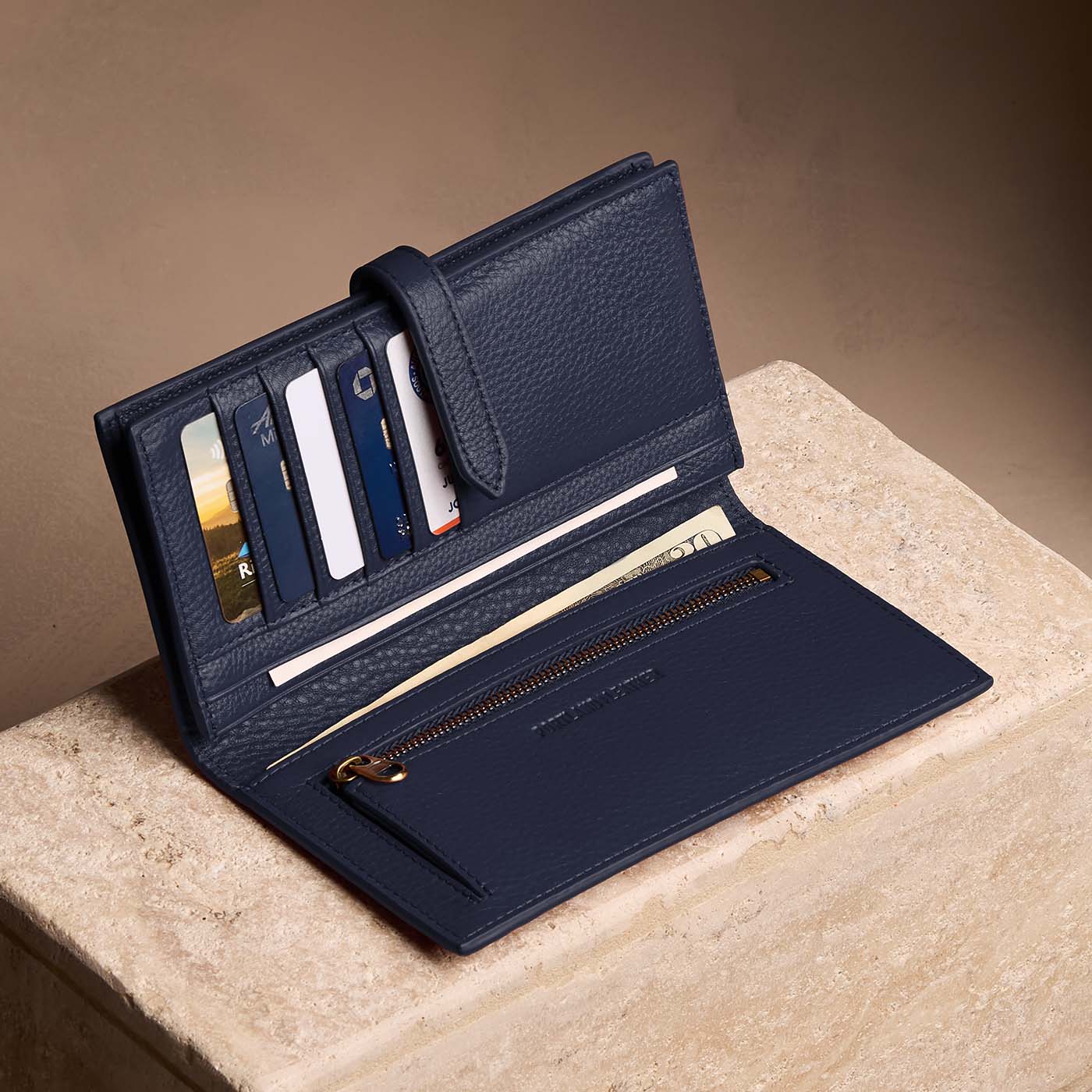 Anchor Blue*Large | Leather bifold wallet with a strap and bar closure