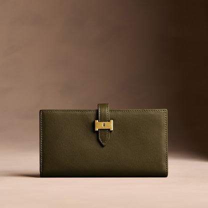 Bay Green*Large | Leather bifold wallet with a strap and bar closure