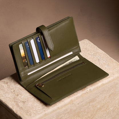 Bay Green*Large | Leather bifold wallet with a strap and bar closure