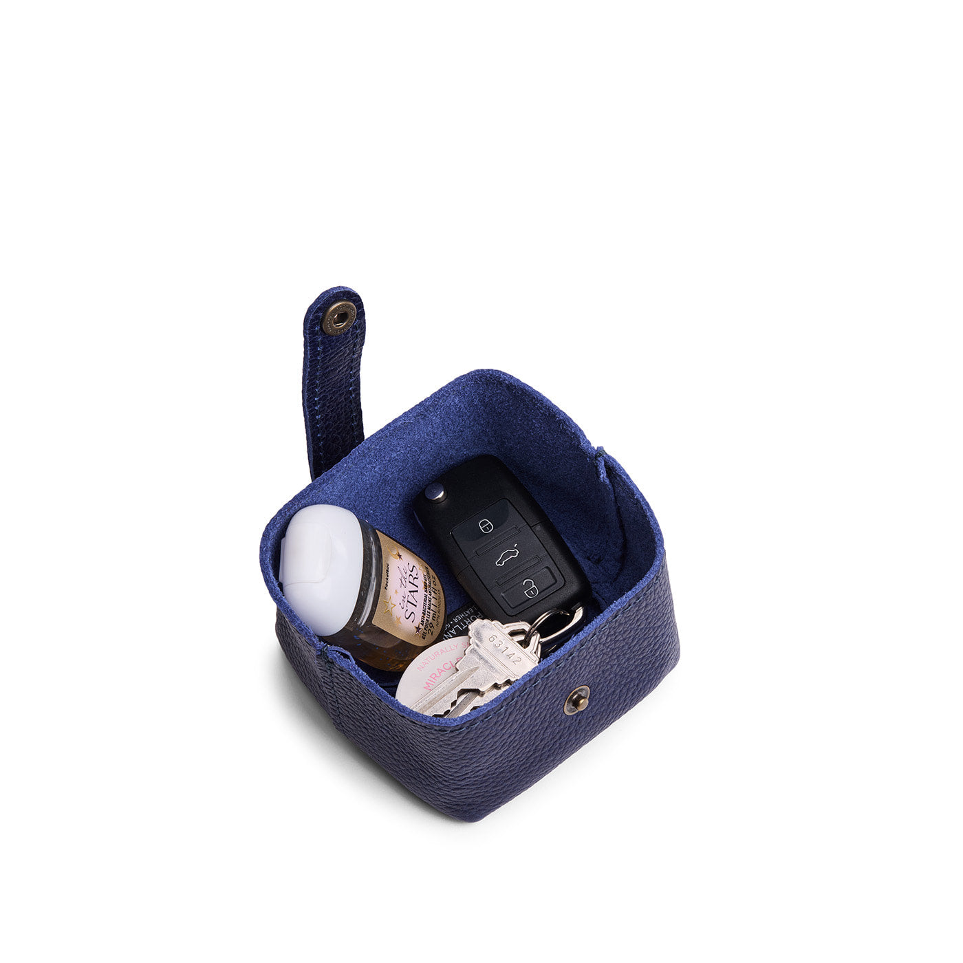 Cobalt | Foldable square leather pouch with snap closure open