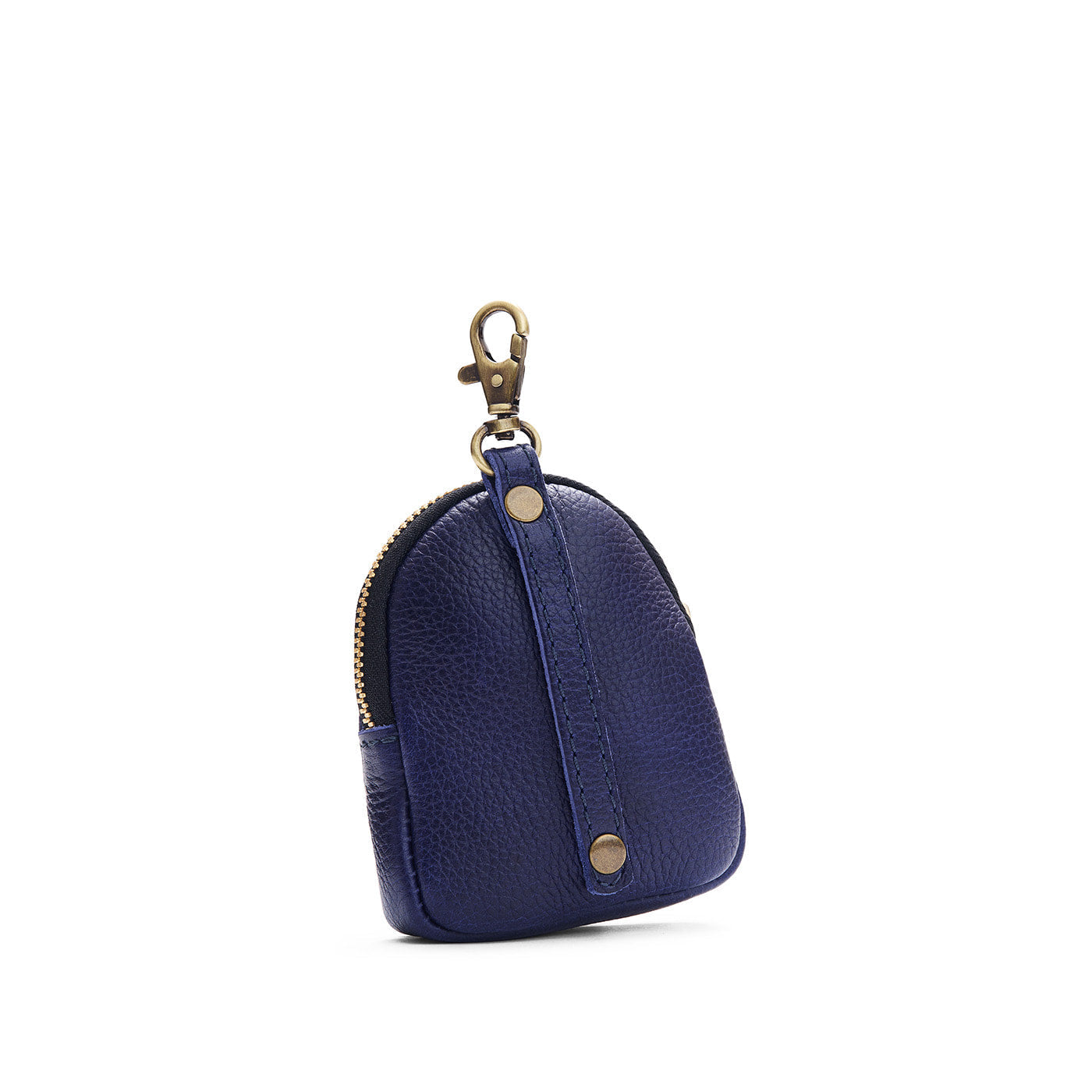 Cobalt | Leather keychain pouch with zipper top, swivel lobster clasp, and debossed emblem of three PLG trees