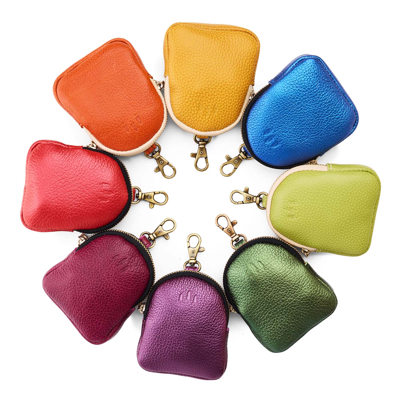 All Variants | Group of eight leather zipper top pouches with a swivel lobster clasp