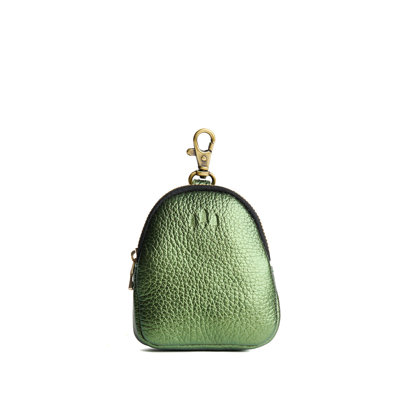 Metallic Greench | Leather keychain pouch with zipper top, swivel lobster clasp, and debossed emblem of three PLG trees