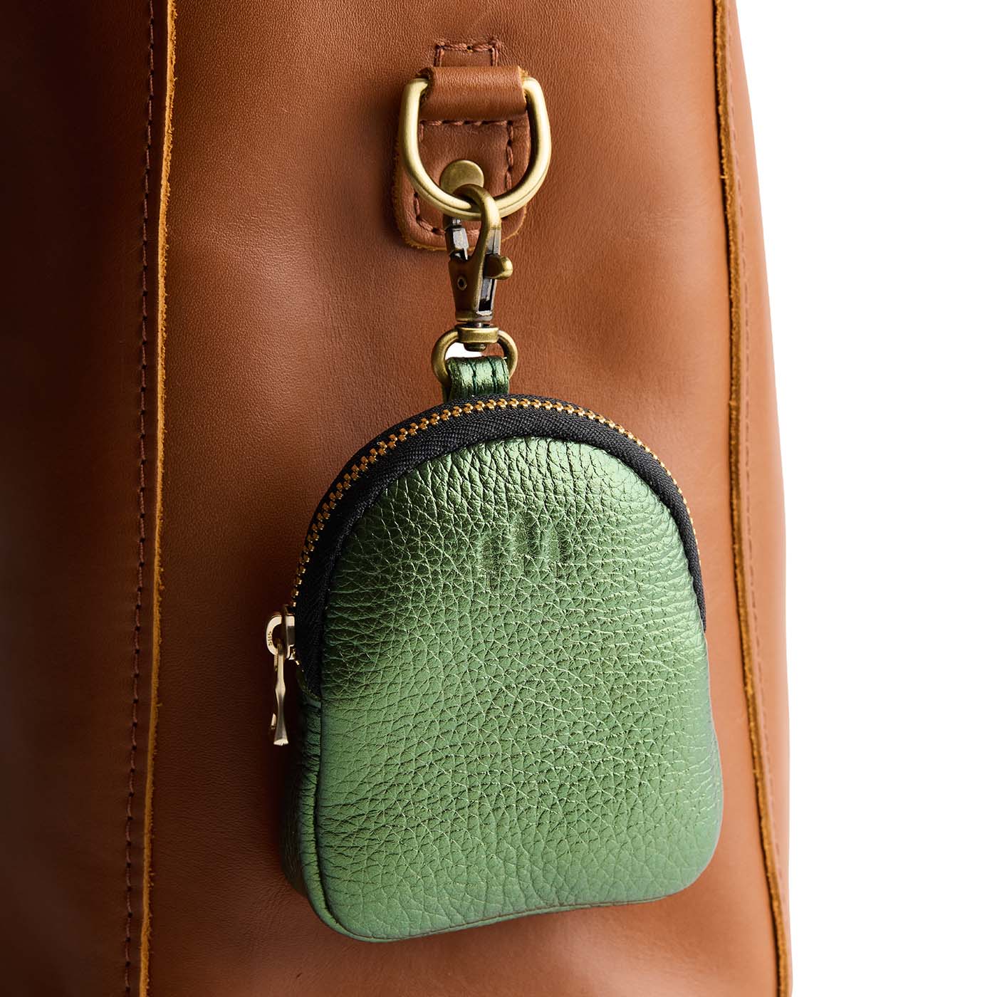 Metallic Greench | Leather keychain pouch with zipper top, swivel lobster clasp, and debossed emblem of three PLG trees