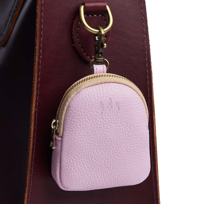 Pinkaboo | Leather keychain pouch with zipper top, swivel lobster clasp, and debossed emblem of three PLG trees
