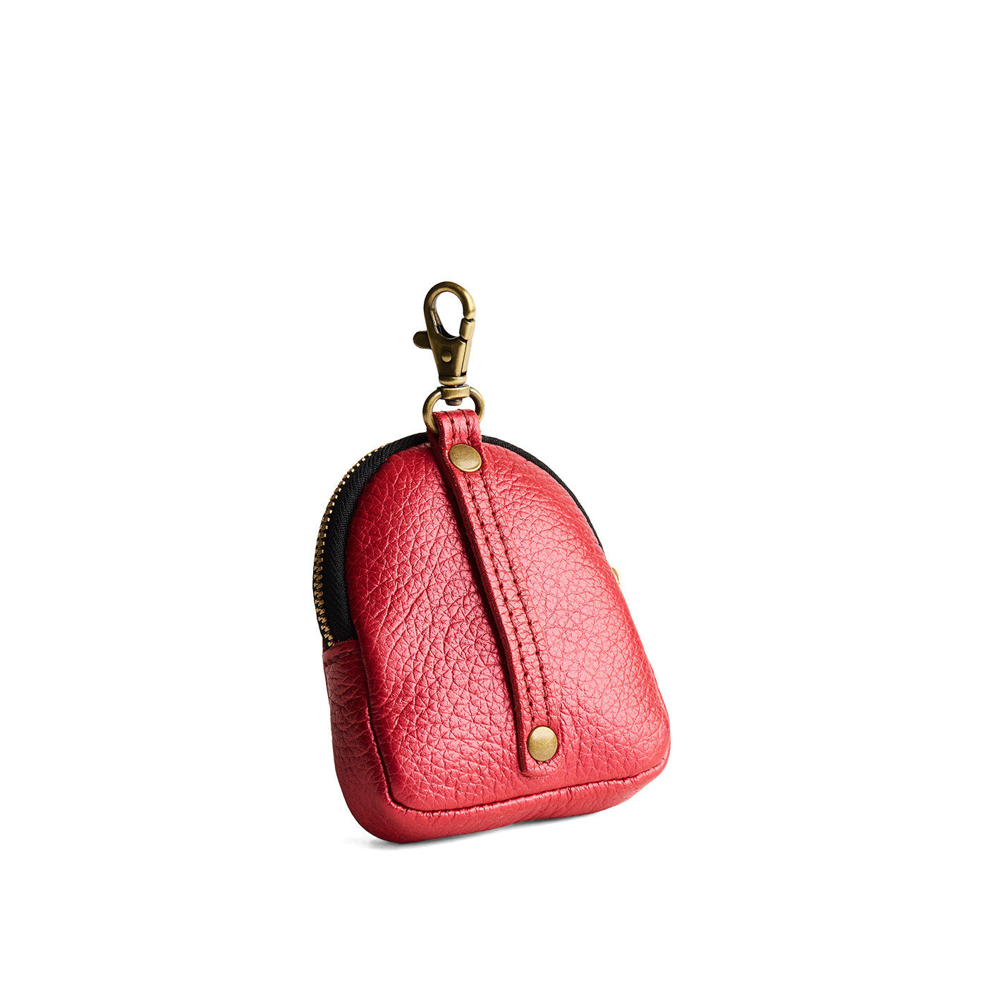 Reba Red | Leather keychain pouch with zipper top, swivel lobster clasp, and debossed emblem of three PLG trees