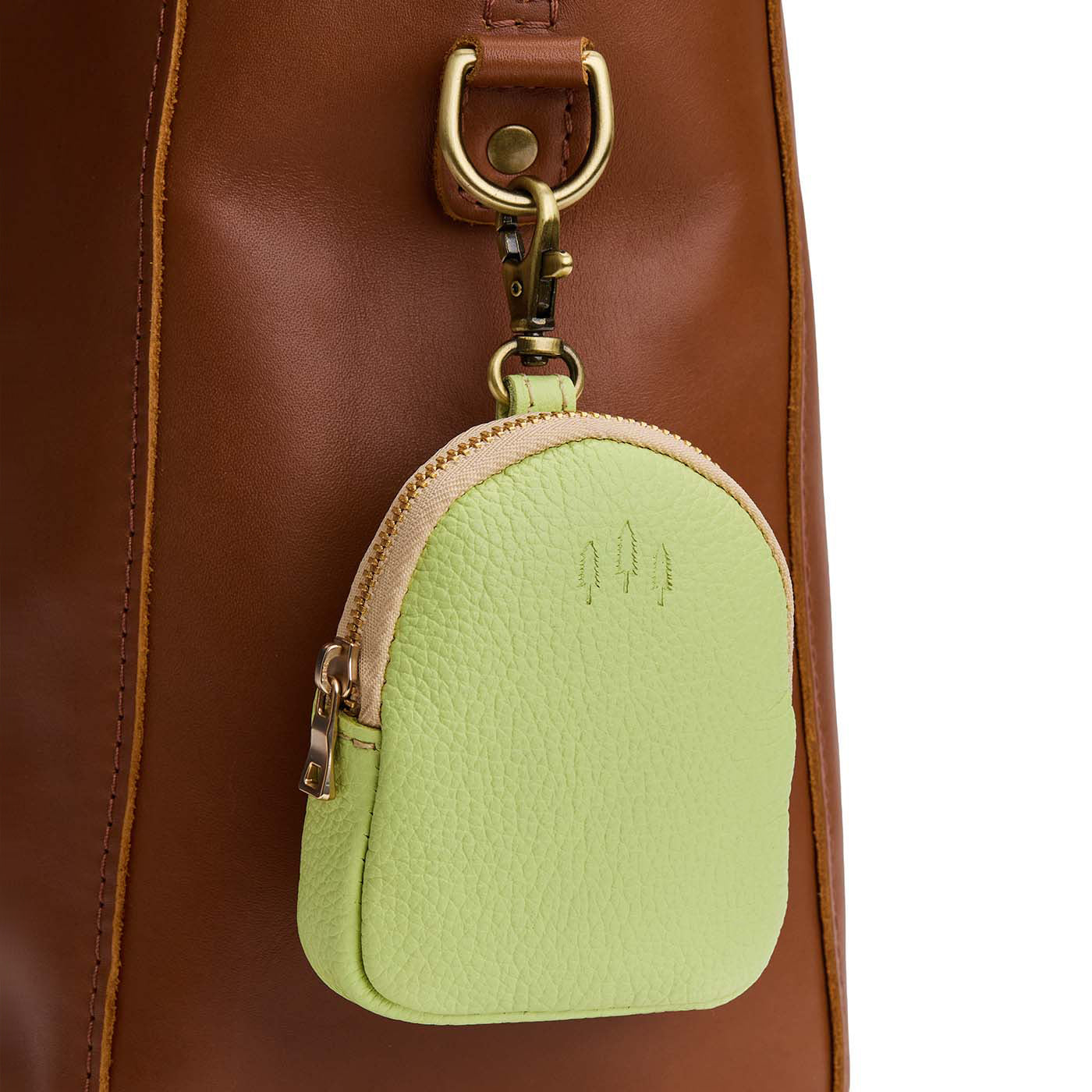 Shadow Lime | Leather keychain pouch with zipper top, swivel lobster clasp, and debossed emblem of three PLG trees