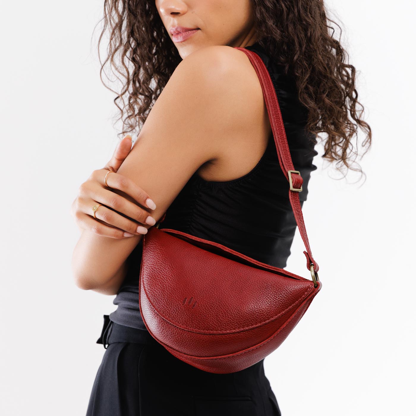 Chili Red*Small | Model wearing petite half circle shaped sling bag