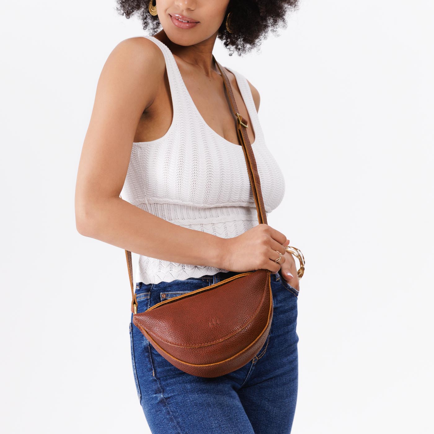 Nutmeg*Small | Model wearing petite half circle shaped sling bag