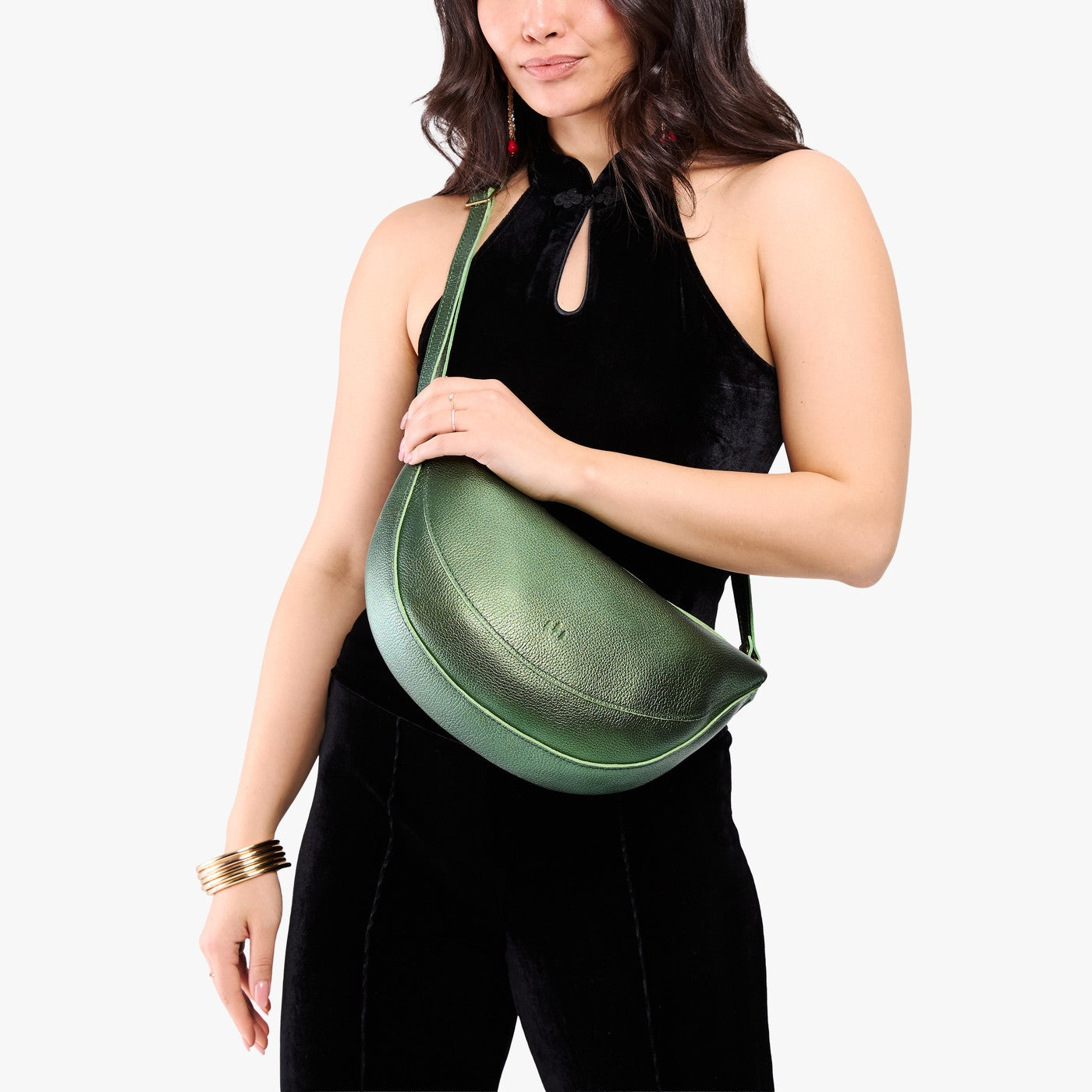Metallic Greench*Large | Model wearing half circle shaped sling bag