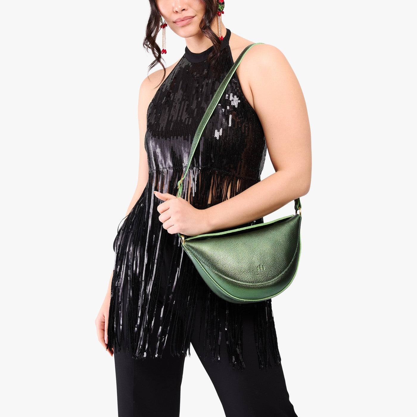 Metallic Greench*Medium | Model wearing half circle shaped sling bag