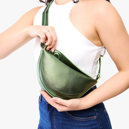 Metallic Greench*Small | Model wearing half circle shaped sling bag
