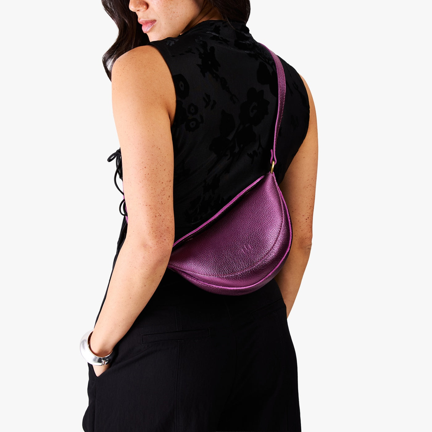 Ultra Violet*Small | Model wearing half circle shaped sling bag