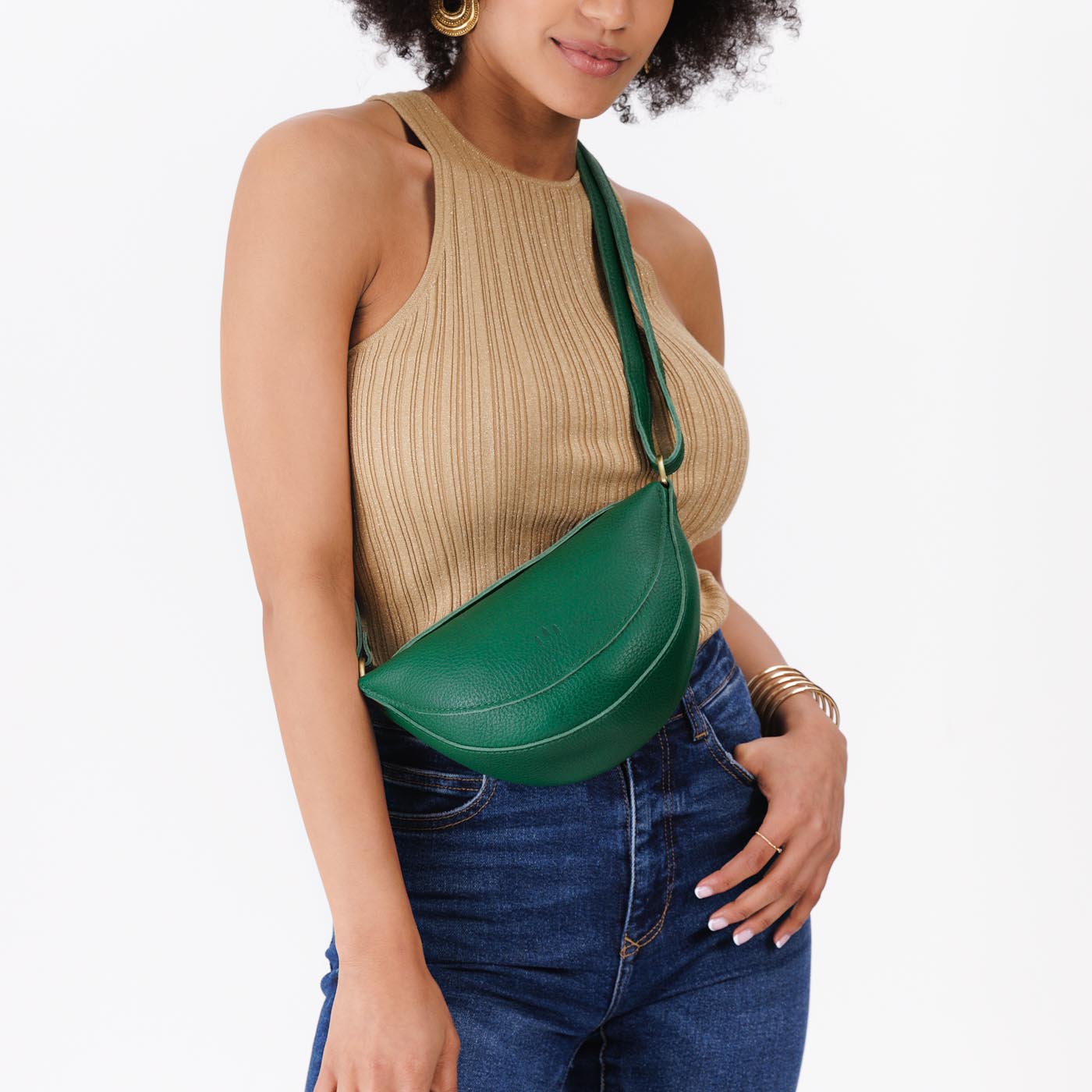 Bacalar*Small | Model wearing petite half circle shaped sling bag
