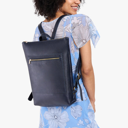 Night Owl | Model wearing rectangular slim leather laptop backpack