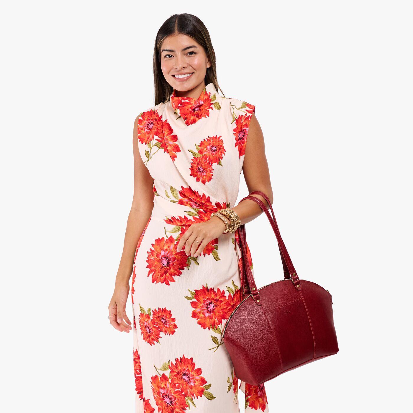 Chili Red*Large | Model holding a half circle crossbody bag with handles and removable crossbody strap
