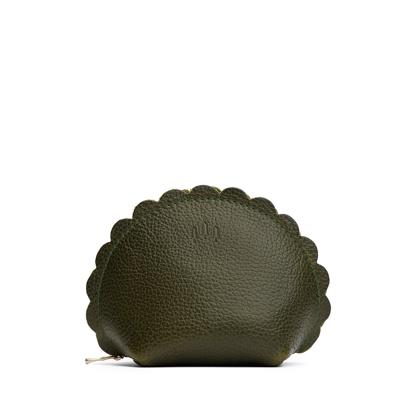 Pebbled Olive*Large | Curved leather pouch with zipper and scalloped edges