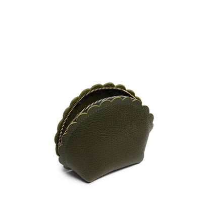 Pebbled Olive*Large | Curved leather pouch with zipper and scalloped edges