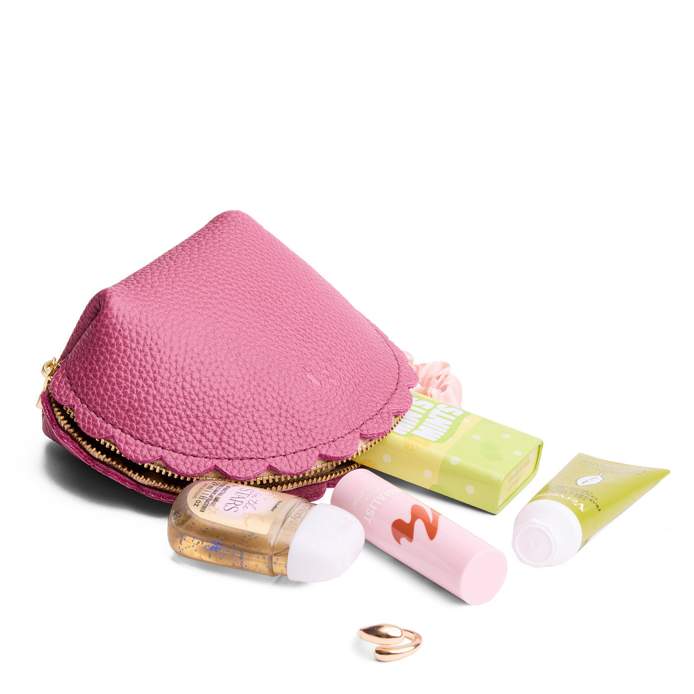 Wild Rose*Large | Curved leather pouch with zipper and scalloped edges