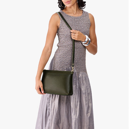 Pebbled Olive*Large | Zip top crossbody bag with detachable strap