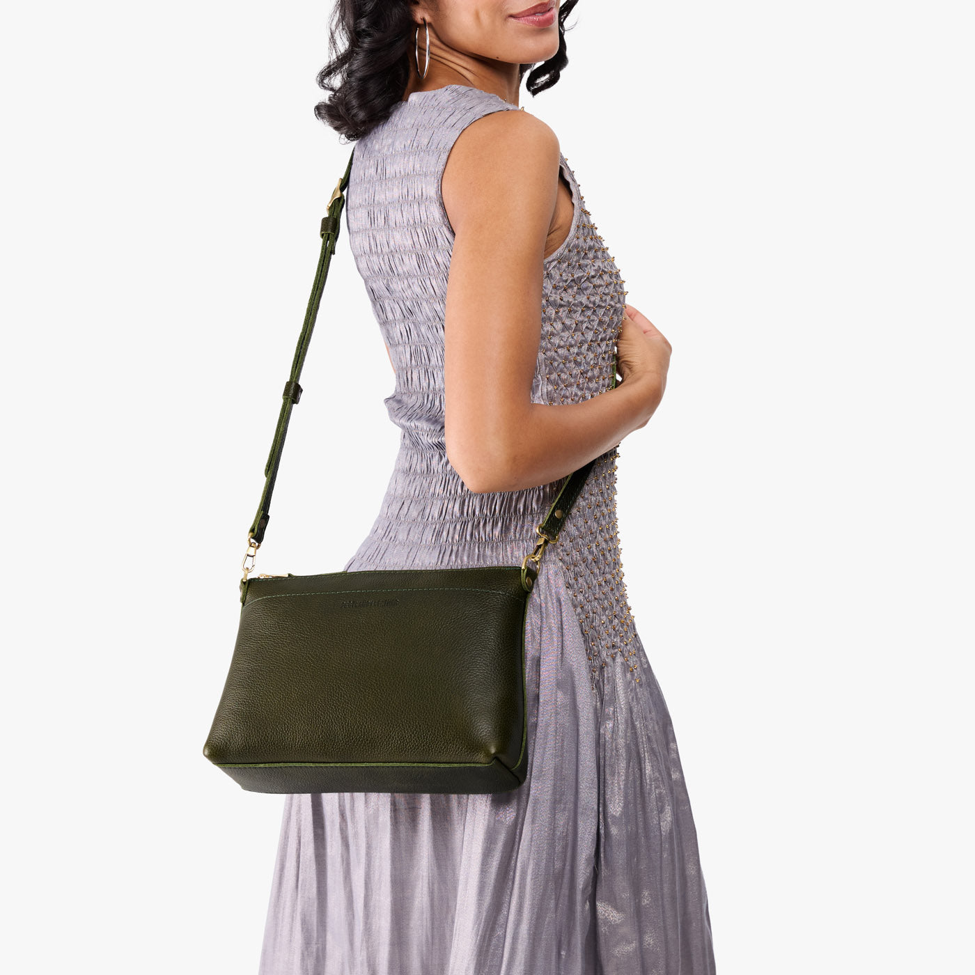 Pebbled Olive*Large | Zip top crossbody bag with detachable strap
