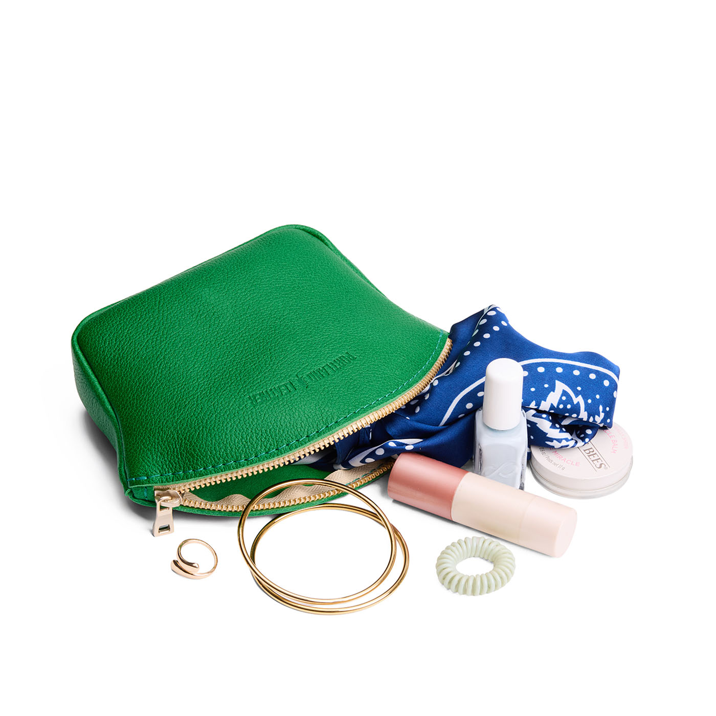 Jolly Green*Large | Seashell shaped leather makeup bag with curved top zipper and flat bottom