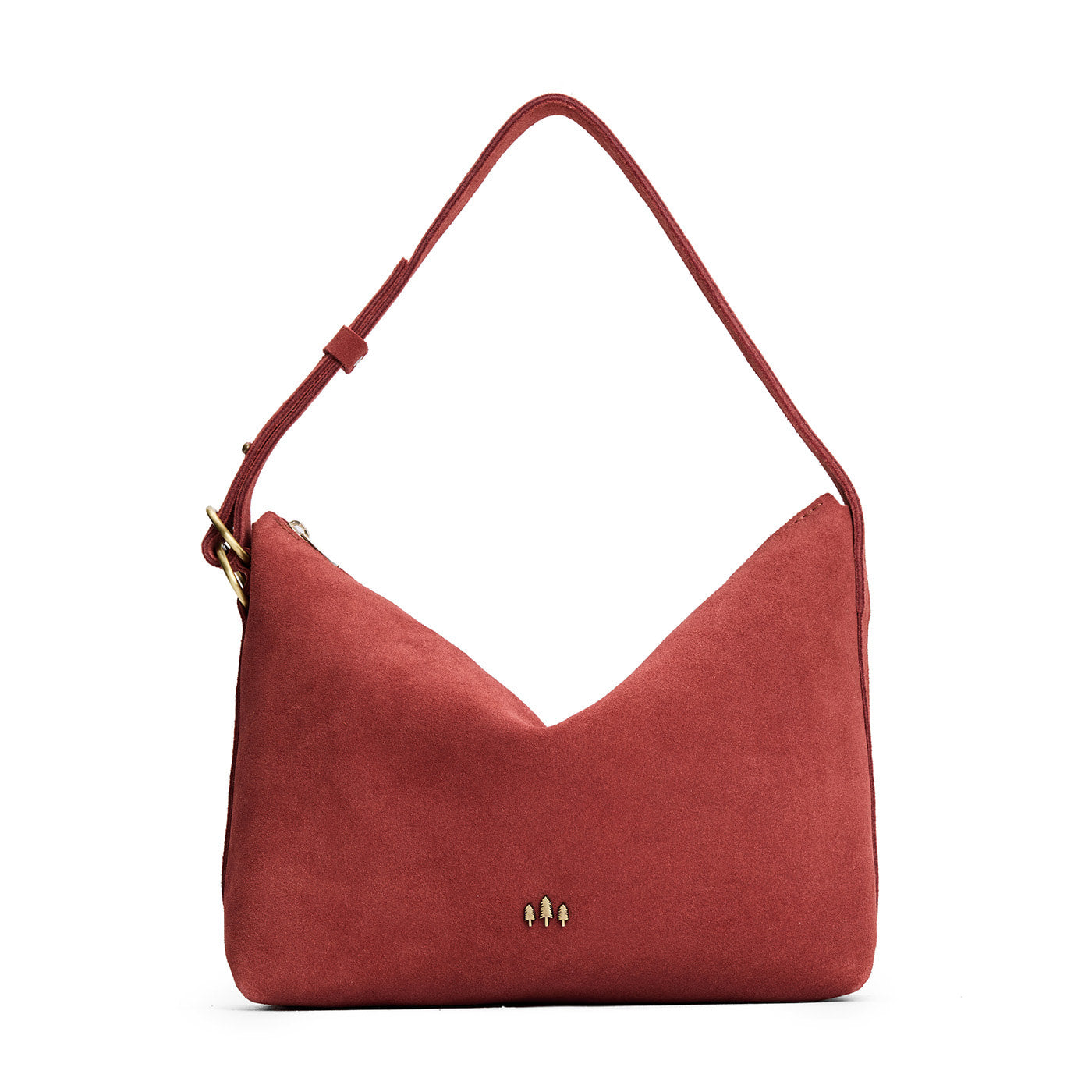 Cinnabar*Large | Slouchy Shoulder Bag that has a zipper opening and three metal tree emblems on a white background