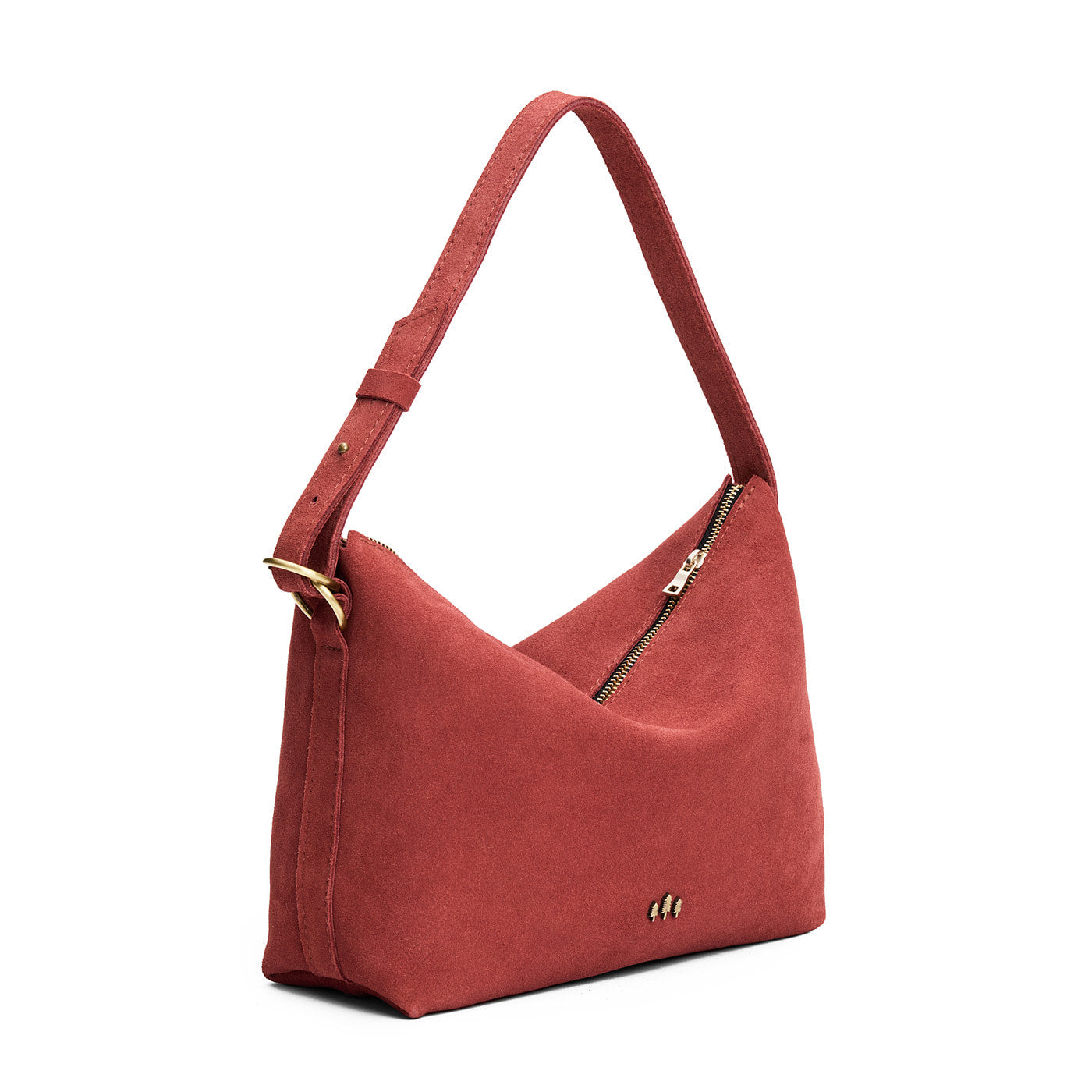 Cinnabar*Large | Slouchy Shoulder Bag that has a zipper opening and three metal tree emblems on a white background