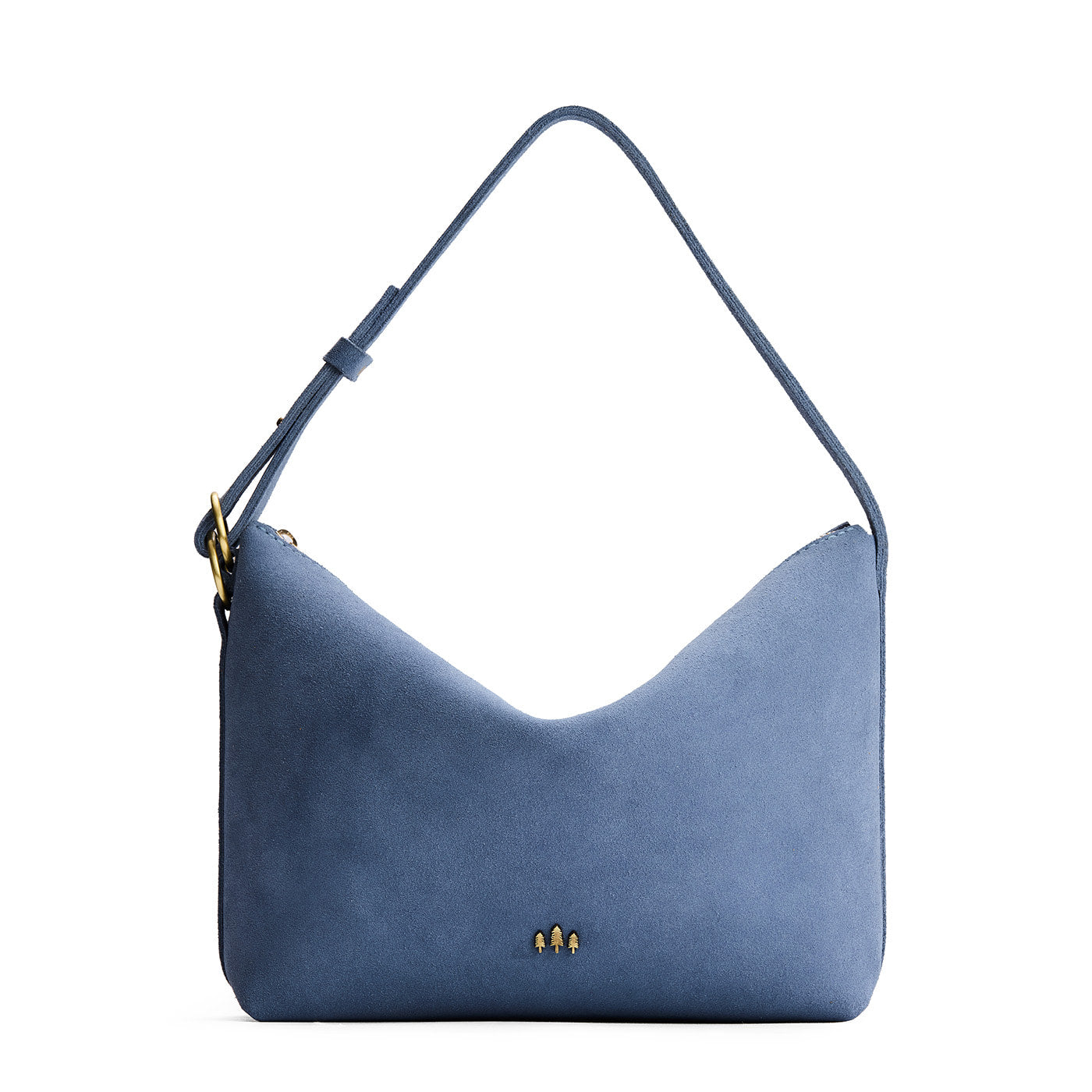 Denim*Large | Slouchy Shoulder Bag that has a zipper opening and three metal tree emblems on a white background