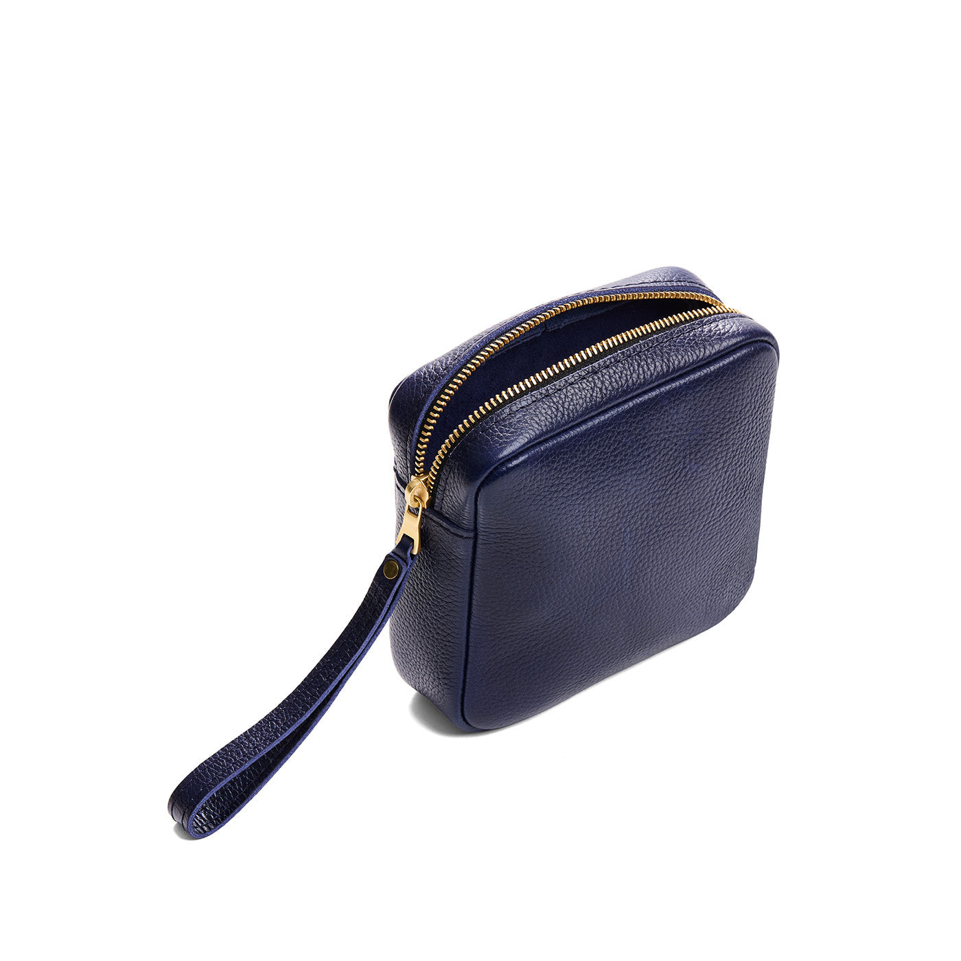 Cobalt | Square shaped pouch with zipper opening, wristlet, and front pocket