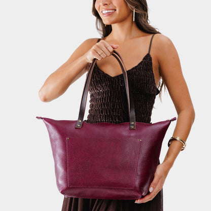 Orchid*Zipper | Large leather tote bag with sturdy bridle handles and front pocket