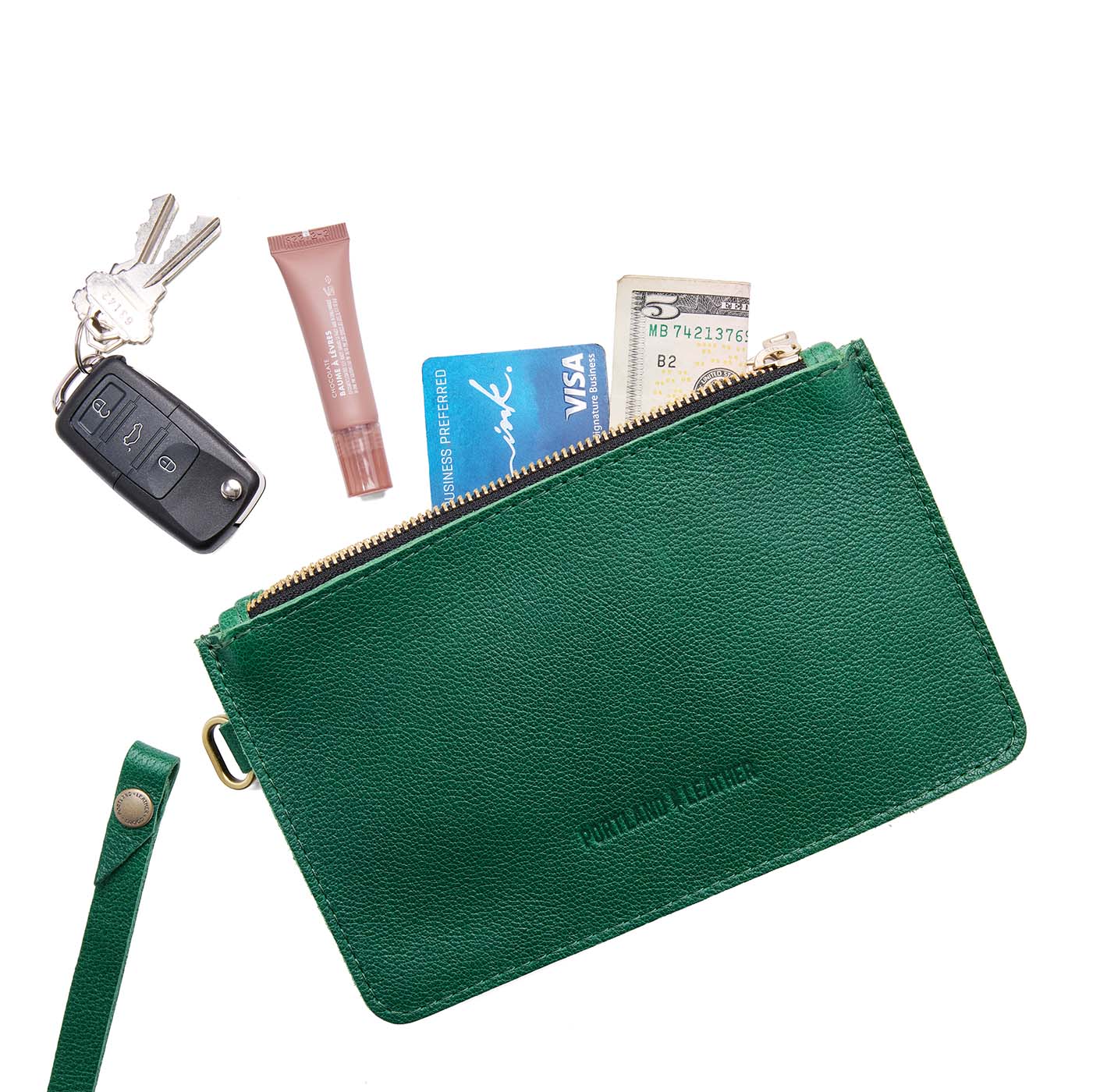 Bacalar | Leather wristlet with two zippered pockets and removable wrist strap