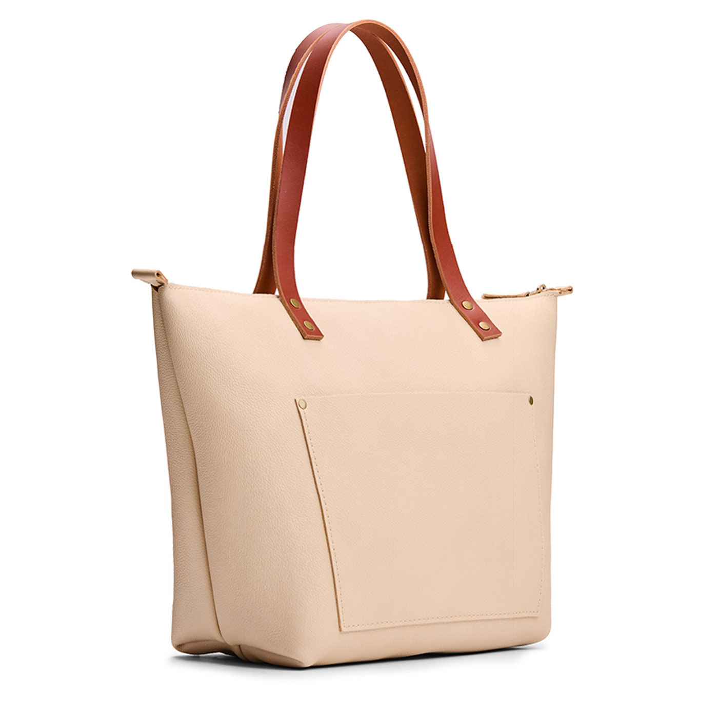 Pebbled Bone*Zipper | Large leather tote bag with sturdy bridle handles and front pocket