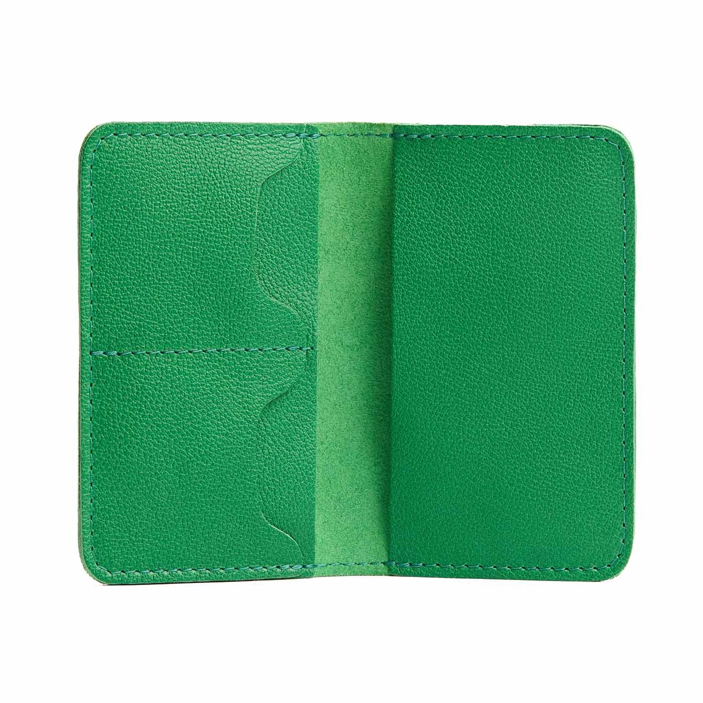 Jolly Green | Leather passport case with PLG logo open shot