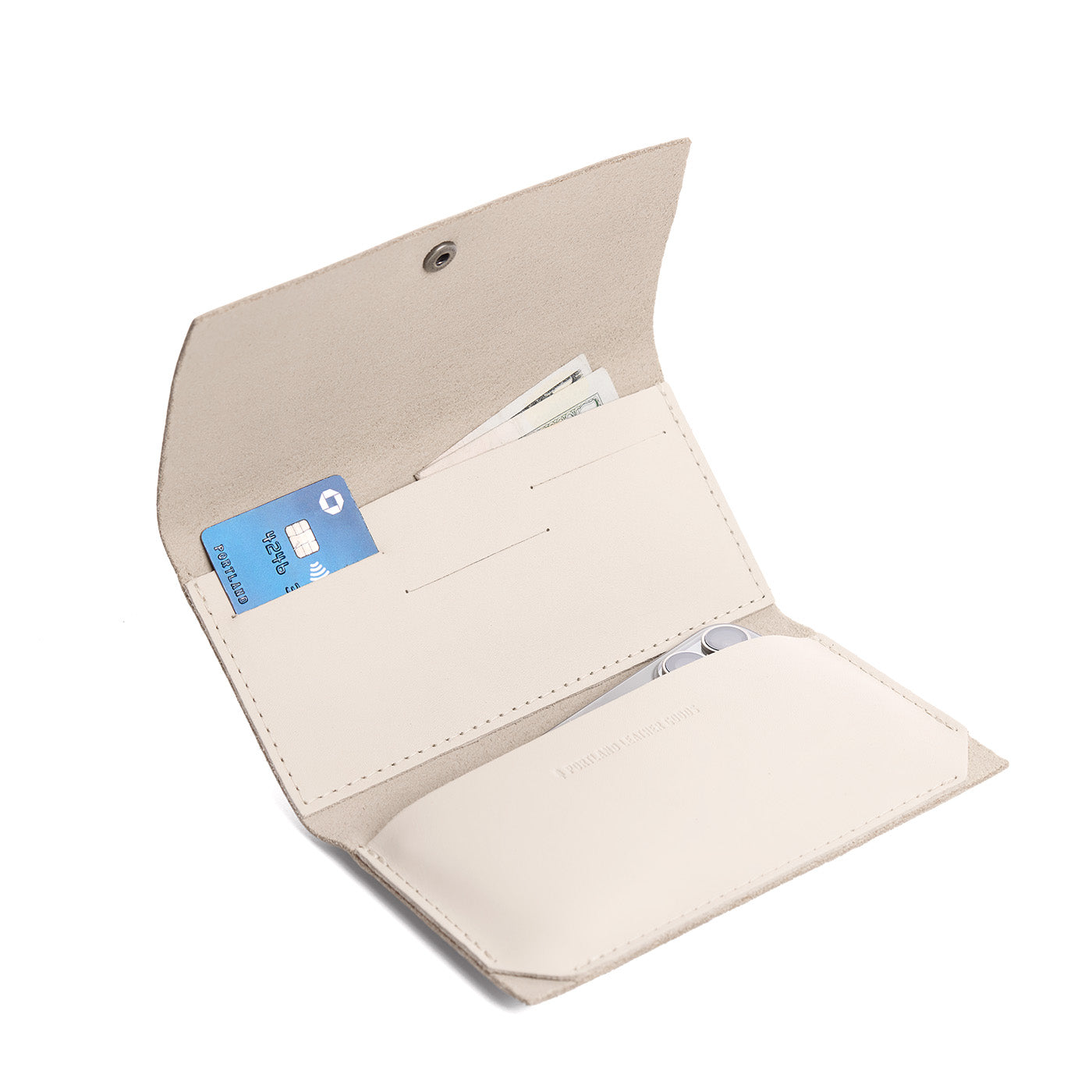 Bone | Leather wallet with snap closure open
