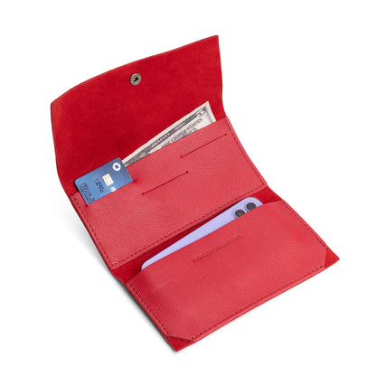 Cherry | Leather wallet with snap closure open