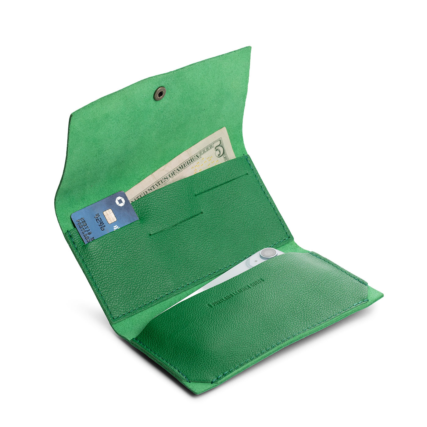 Jolly Green | Leather wallet with snap closure open