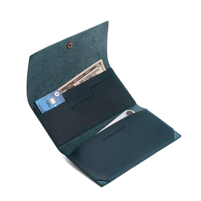 Westward Blue | Leather wallet with snap closure open